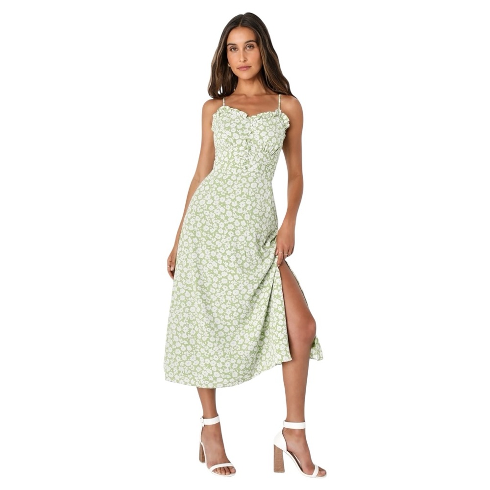 Lulus X Lush Timeless Touch Midi Dress Medium Green Floral Bloomcore A-Line NWT - Picture 1 of 16